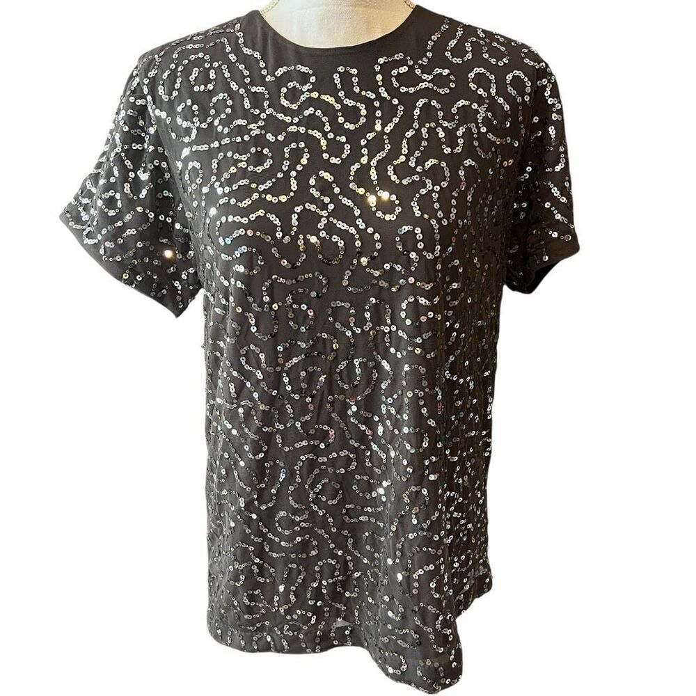 Express Gray Short Sleeve Sequin Top Size Medium